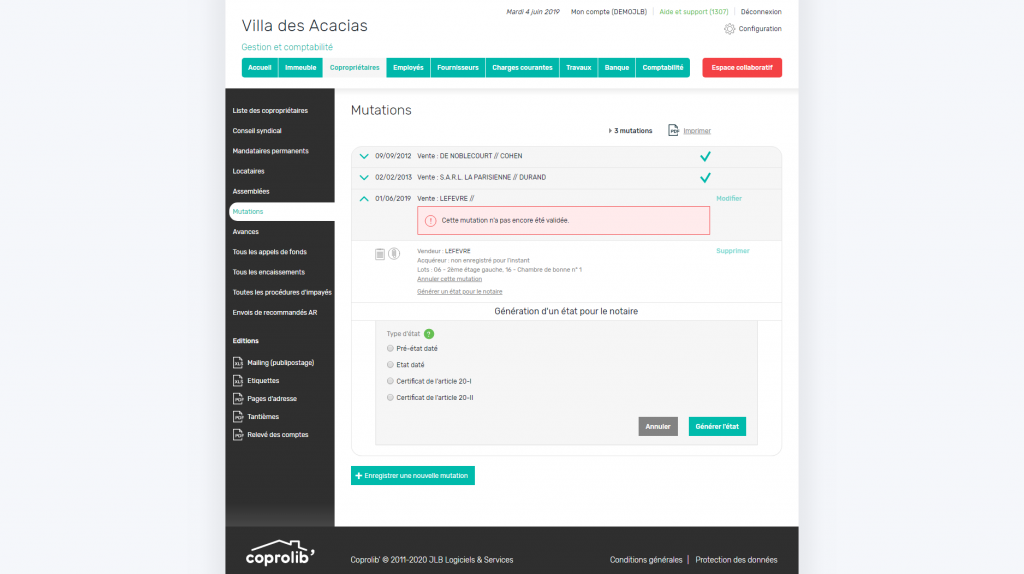 Copropriétaires - Mutation état pour le notaire